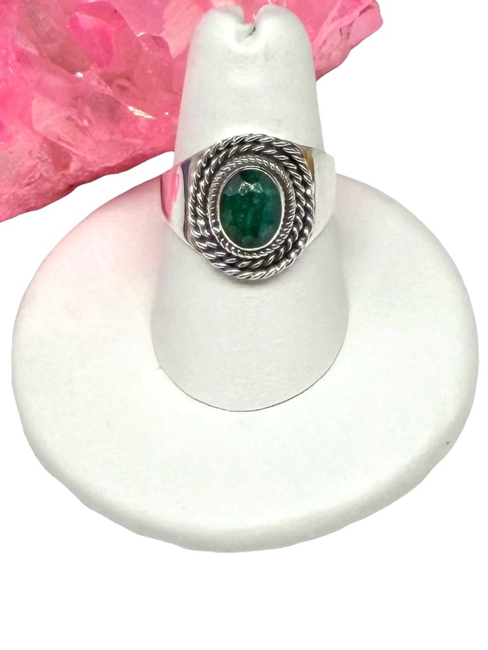 Emerald Ring Size 7.5 Solid 925 Sterling Silver Faceted Oval Natural Stone